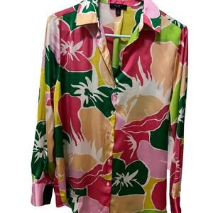 Haver London Silky Floral Button Down Oversized Shirt Women's Size XS NWT Boho